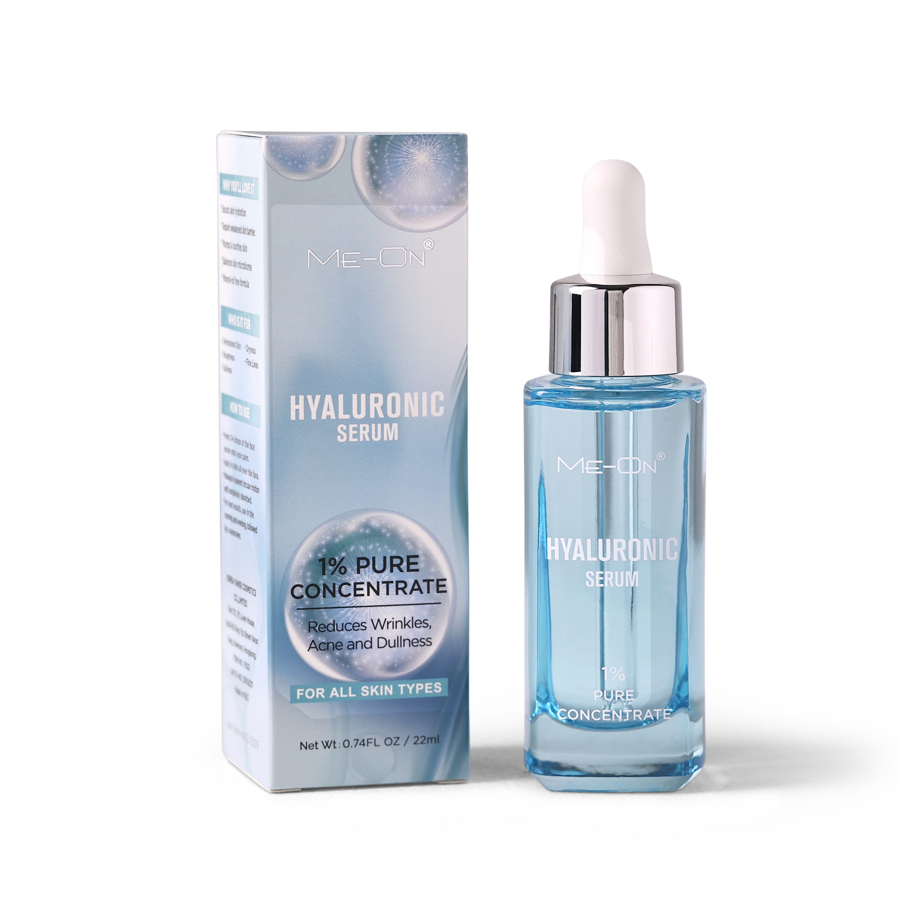 Hyaluronic acid serum bottle with packaging on white background